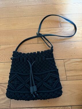Express Black Handwoven Macramé Drawstring Crossbody Bag